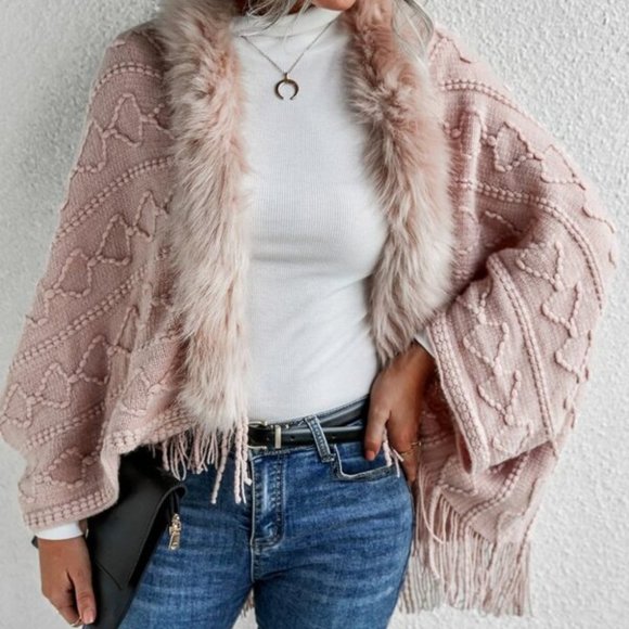 Sweaters - pink vegan fur fringe detail open front cardigan